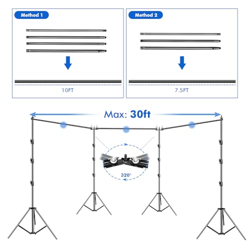 SLOW DOLPHIN Photo Video Studio 30ft (Wide) x 10ft (Tall), Degree Crossbar Rotatable, Angle Adjustable Triple Crossbar Extender Mount, Photography Background Support System, Sand Bags,Clamps,Carry Bag