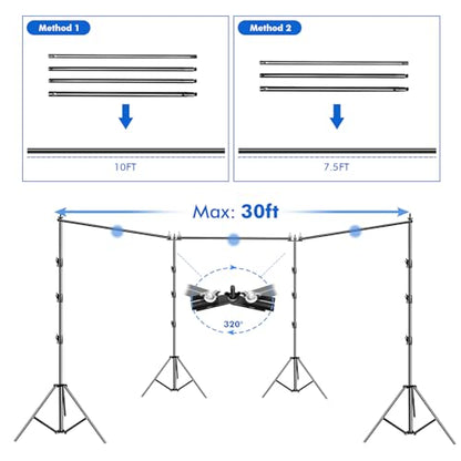 SLOW DOLPHIN Photo Video Studio 30ft (Wide) x 10ft (Tall), Degree Crossbar Rotatable, Angle Adjustable Triple Crossbar Extender Mount, Photography Background Support System, Sand Bags,Clamps,Carry Bag