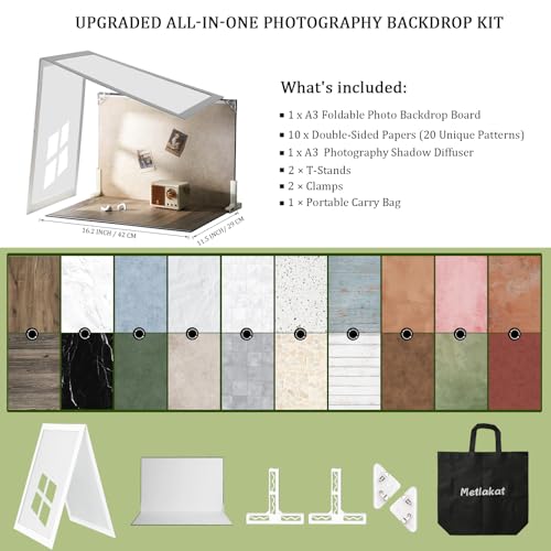 Photo Backdrop Board with Shadow Diffuser, 10 Pcs 20 Patterns Waterproof Food Photography Backgrounds, Tabletop Small Shooting Kit for Product, Jewelry & Makeup, Metlakat
