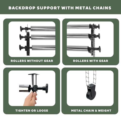 Photography Backdrop Roller Support System, 3 Rollers with Metal Chains, 120-inch Stainless Steel Crossbars, Wall/Celing/Light Stand Backdrop Mount, Background Support - color: Silver Metal Chains +120inch Crossbars