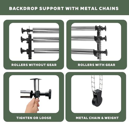Photography Backdrop Roller Support System, 3 Rollers with Metal Chains, 120-inch Stainless Steel Crossbars, Wall/Celing/Light Stand Backdrop Mount, Background Support - color: Silver Metal Chains +120inch Crossbars