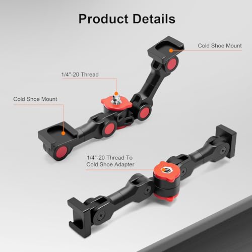 Dual Cold Shoe Mount, Extension Bar Universal Cold Shoe Adapter with Phone Holder Mount, 1/4" Thread Holes for Microphone,Led Video Light, Audio Recorder Monitors (68012)