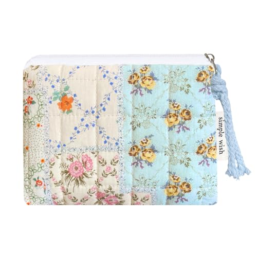 Cotton Quilted Floral Coin Purse Digital Camera Pouch with Cute Prints Zipper for Women Girls (BLUE DISTY PATCH) - color: BLUE DISTY PATCH