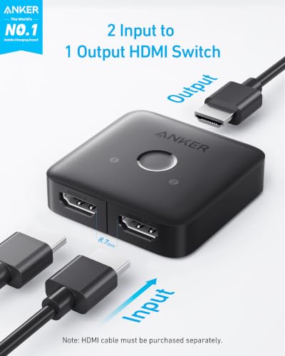 Anker HDMI Switch, 4K@60Hz HDMI Switcher, 2 in 1 Out with Smooth Finish, Supports HDR, 3D, Dolby, Compatible with Laptops, PC, Xbox Series, PS5 / PS4, Projector, and More