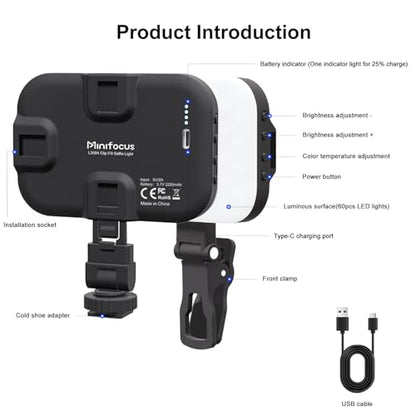 Selfie Light, 60 LED Rechargeable Video Lighting, Portable Video Conference Light w Clip & Camera Hot Shoe Mount Adapter, 2200mAh Battery CRI97+, Clip-On Fill Lights for Phone Webcam Laptop Camera