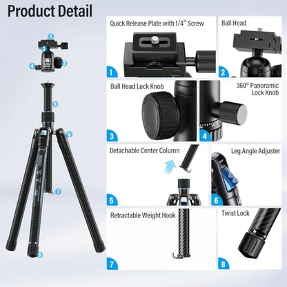 SIRUI 60" Carbon Fiber Tripod for Camera with 360° Panoramic Ball Head, Arca QR Plate, Compact Lightweight 2.1lbs Travel Tripod for DSLR Video Camcorder, Max Load 10kg, Traveler X-III