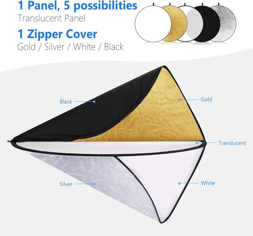 NEEWER 43 Inch/110 Centimeter Light Reflector Diffuser 5 in 1 Collapsible Multi Disc with Bag - Translucent, Silver, Gold, White, and Black for Studio Photography Lighting Outdoor - size: 110cm