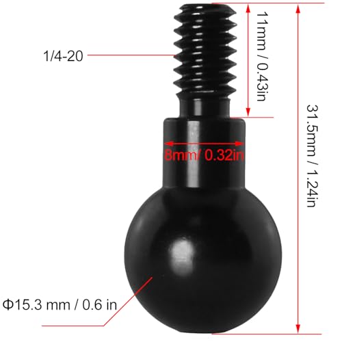 2PCS 15.3mm Ball Head Mount Adapter 15.3mm Ball to 1/4 Inch Male Screw 11mm Length Aluminum Alloy Universal Tripod Mount Converter for Action Cameras Photography Accessories Dash Cam Black