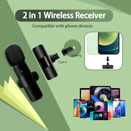 Hailanbao 2-in-1 Wireless Lavalier Microphone for iPhone/Android/Camera/USB-C – Noise Cancelling Lapel Mic, 7-Hour Mini Clip-On Battery, for Vlogging, YouTube, TikTok, Live Streaming & Video Recording