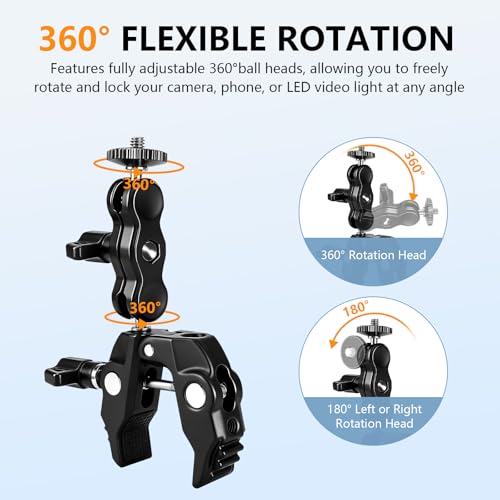 Chelhead Super Clamp Camera Mount with Phone Holder for Up to 3" Tubes | Dual 1/4"-20 & 3/8"-16 Threads, Compatible with DSLR Cameras, Action Cameras, LED Lights, Gimbals & Tripods - style: For Camera & Phone