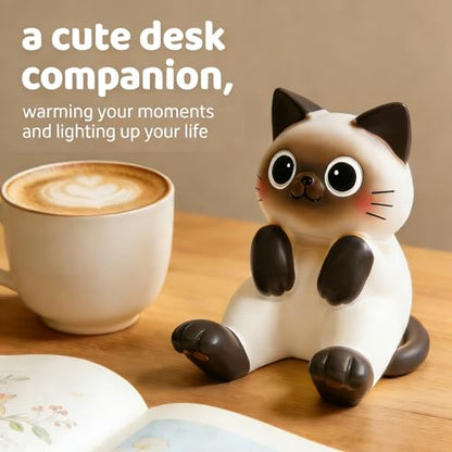 Cute Siamese Cat Phone Stand, Resin Desktop Phone Holder with Stable Base, Kawaii Cat Figurines Desk Decor Ornament for Home Office