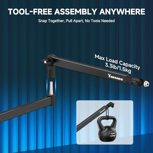 Mic Arm with 3.95" Extension Rod, Low Profile Mic Stand, Cable Management, 360° Rotatable Boom Arm with C-Clamp, 3/8" to 5/8" Metal Screw
