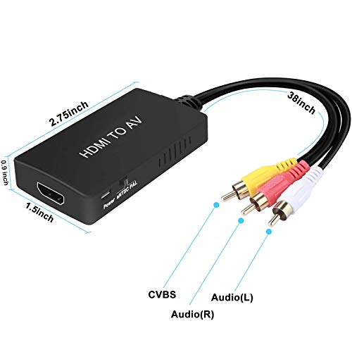 HDMI to RCA Converter, HDMI to AV 3RCA CVBs Composite Video Audio Converter Adapter Supports PAL/NTSC for TV Stick, Roku, Android TV Box, DVD ect, Black