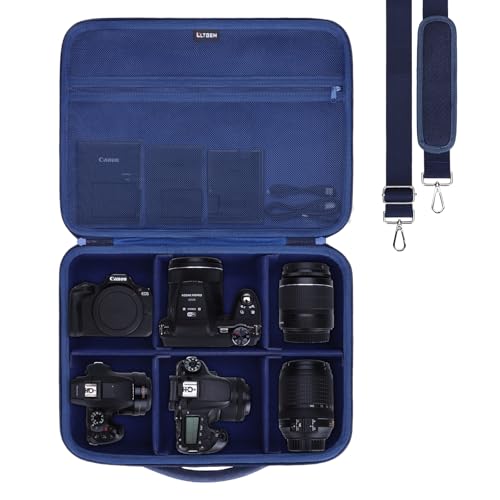 L LTGEM Large Camera Case Compatible with Canon/Sony/Nikon DSLR Mirrorless Camera and Multiple Lens, Hard Travel Carrying Case with 5 Dividers and Shoulder Strap, Navy Blue - color: Navy Blue, size: Large