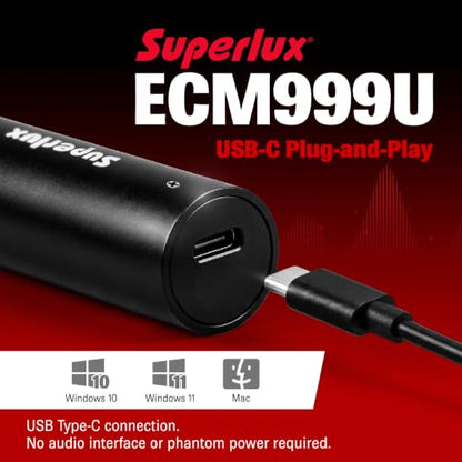 Superlux ECM999U USB Measurement Microphone Set, Omni Free-Field Condenser Mic for Room Acoustic Analysis, Speaker Testing, Measurement & Recording, USB-C Plug-and-Play, 24-Bit/48kHz, Win/Mac - style: USB