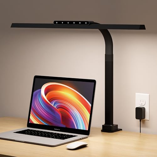 LED Desk Lamps for Home Office, 24W Bright Eye-Caring Light with Clamp, Stepless Dimming Adjustable Flexible Gooseneck Clip on Desk Office Lamp with Adapter for Reading, Study, Workbench,Black - color: Black, size: Head Length 23.62" with Clamp