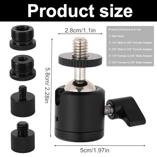 Penitue Ball and Socket Head Microphone Adapter Kit, Includes 1 Ball and Socket Head & 4 Adapters 360° Horizontal Rotation 3/8" to 5/8" & 1/4" Thread Converters for Camera Tripod Fill Light - style: Adapter screw+gimbal set