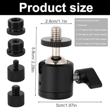 Penitue Ball and Socket Head Microphone Adapter Kit, Includes 1 Ball and Socket Head & 4 Adapters 360° Horizontal Rotation 3/8" to 5/8" & 1/4" Thread Converters for Camera Tripod Fill Light - style: Adapter screw+gimbal set
