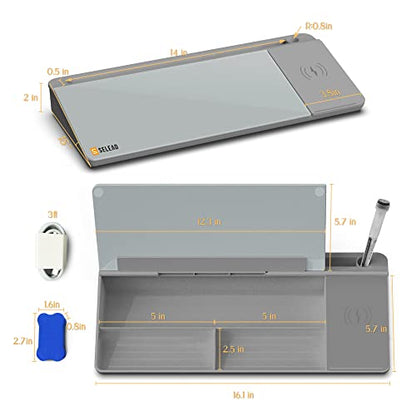 SELEAD Desktop Glass Whiteboard with Wireless Charger Station, Dry Erase White Board Computer Pad Keyboard Stand with Organizer for Home, School, Office Desk Accessories, Gray - color: Grey-wireless Charger