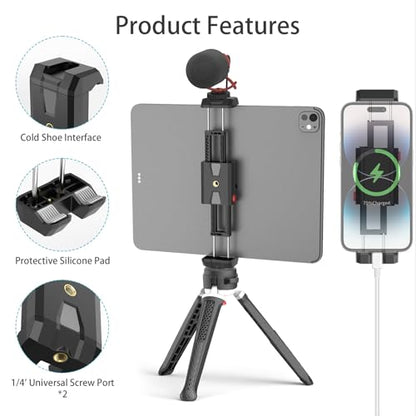 iPad and Phone Tripod Mount,Dual-Purpose Phone and Tablet Holder with Adjustable Clamp, Compatible with Devices up to 12.9Inches,1/4 Inch Screw fits iPad Pro 12.9,Air Mini 3/4,Galaxy Tab,Selfie Stick