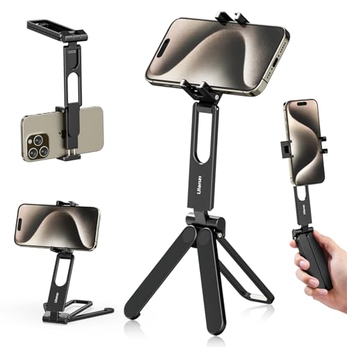 ULANZI MA26 Foldable Phone Tripod, Pocket Cell Phone Vlog Video Tripod Handle Aluminium Smartphone Desk Stand 2 Cold Shoe Small Size All in One Lightweight Portable Vlog Stick for iPhone 17 Samsung