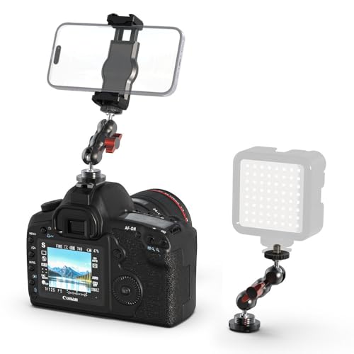 SOH Hot/Cold Shoe Phone Mount Holder, Universal 2 Ball Head Smartphone Mount Adapter, Cold Shoe Phone Clip Mount for iPhone 17/16/15, DSLR Camera LCD Camera Cage Flash LED Light Microphone and More - color: BLACK&RED