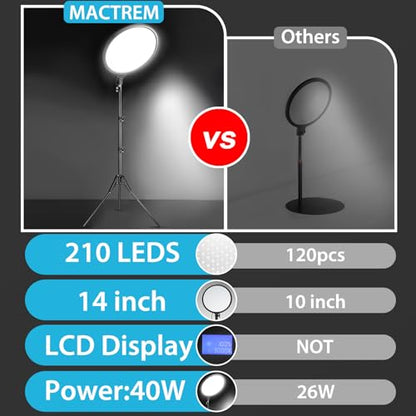 MACTREM 14in Large Ring Light with 71" Tripod Stand/Phone Clip,LCD Display 40W 6000K Full-Screen Selfie Ring Light for Live Stream, YouTube, TikTok, Video Recording, Makeup,Barber,Tattoo,Photography - size: 14 inch with Tripod Stand