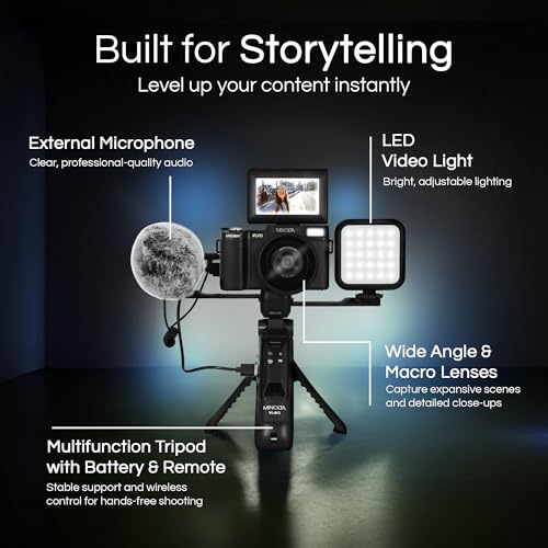 Minolta 64MP 4K60FPS VLOG Camera Kit – Digital Autofocus Camcorder with Tripod, Remote, Mic, LED Light, 3-inch LCD Screen, Time-Lapse, Slow Motion, Wide Angle Lens, 32GB Card, USB