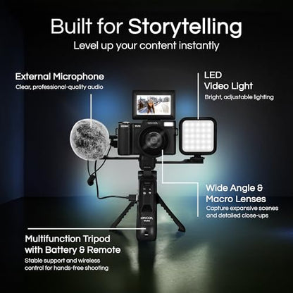Minolta 64MP 4K60FPS VLOG Camera Kit – Digital Autofocus Camcorder with Tripod, Remote, Mic, LED Light, 3-inch LCD Screen, Time-Lapse, Slow Motion, Wide Angle Lens, 32GB Card, USB