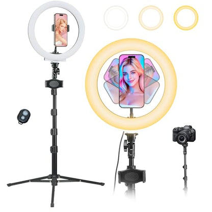 Nicefoto 10" Ring Light with 66'' Tripod Stands & 2 Phone Holder, LED Circle Ring Lights Compatible with All Phones, 3 Color & 10 Brightness Level, for Live Stream, Makeup, Zoom, TikTok, YouTube