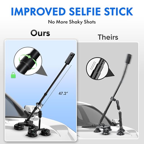 Insta 360 Car Mount, 360 Camera Car Mount Kit, 5 in 1 Suction Cup Camera Mount Kit, Compatible with GoPro, Insta 360 & Smartphones, Extra Strong Hold & Invisible Selfie Stick