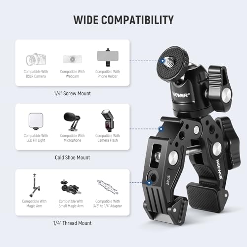 NEEWER ST87 Super Clamp Camera Mount with 360° Ball Head, Phone Holder, Cold Shoe, Action Camera Adapter for Bike Handlebar Pole Desk, Compatible with DJI Osmo Pocket 4 3 Xtra Muse GoPro Hero iPhone