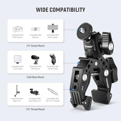 NEEWER ST87 Super Clamp Camera Mount with 360° Ball Head, Phone Holder, Cold Shoe, Action Camera Adapter for Bike Handlebar Pole Desk, Compatible with DJI Osmo Pocket 4 3 Xtra Muse GoPro Hero iPhone