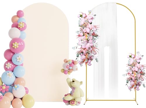 Putros Arch Backdrop Stand and Cover Set, 7.2ft, Gold Arch Stand with Beige Cover, Metal Arched Background Frame for Wedding, Birthday Party, Baby Shower, Photography Decoration - color: Beige, size: 7.2ft x 4ft