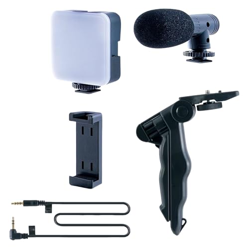Vlog Starter Set with Tripod Adjustable Light Microphone & Phone Clip for Live Streaming Video Conference Grip Tripod with Phone Holder