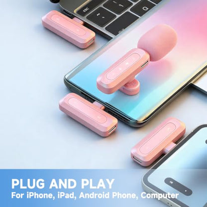 tongyu J3 Lavalier Microphone Wireless Mini Mic for iPhone Android/Tablet/PC Video Recording Clip-on Mics with DSP Noise Cancellation, Ideal for Vlog Tiktok YouTube Content Creator-Pink