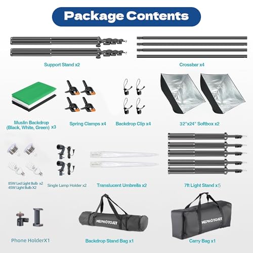 Photography Softboxes Kit with 6.6x10ft Backdrop Stands, 5 Tripod Stands, 3 Color Background Screen, Softbox with 85W Led Bulb, Photo Studio Equipment for Video Shoot, Product & Portrait