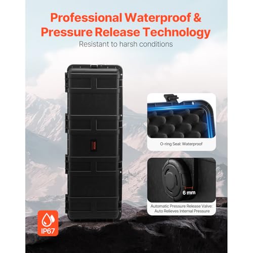 VEVOR Weatherproof Hard Case, Heavy Duty Protective Dry Box Case with Pre-Cut Foam Retractable Pull Handles for Travel, Hunt, Military, Tactical, IP67 Waterproof, for Cameras(44.09 * 15.94 * 13.46) - size: 112x41x34 cm