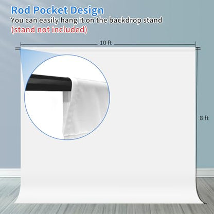 Hemmotop White Photo Backdrop Background 10x8ft | Polyester, Large, Drapes Well, Rod Pocket for Easy Hanging, for Family Photoshoot, Wedding, Birthday, Graduation, Baby Shower - color: White