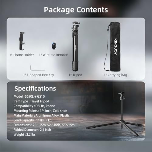 KINGJOY 72'' Aluminum Camera Tripod, Travel Tripod with 360° Ball Head, Phone Holder, Carry Bag, Wireless Remote Control, Compatible with DSLR, Phone, Spotting Scopes, Laser Level, Max Load 11 lb