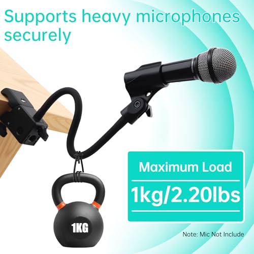 Gooseneck Mic Stand,Flexible Arm Desk Clamp for Streaming Podcast Studio | Heavy Duty Steel hold 1kg,Easy Adjust,Clamp fits desks/poles/shelves 15-49mm thick. mic clip+2 adapters.For mics up to 1.2"