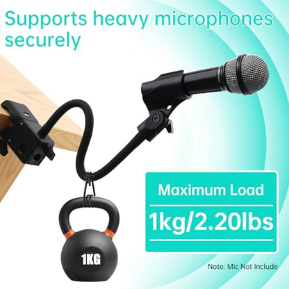 Gooseneck Mic Stand,Flexible Arm Desk Clamp for Streaming Podcast Studio | Heavy Duty Steel hold 1kg,Easy Adjust,Clamp fits desks/poles/shelves 15-49mm thick. mic clip+2 adapters.For mics up to 1.2"