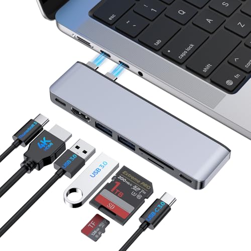 USB C Hub for MacBook Pro/Air M5 M4 M3 M2 M1 2025-2018 13" 14" 15" 16", 7 in 2 MacBook Multiport Adapter Accessories Dongle with 4K@60Hz HDMI, Thunderbolt 3, USB C&A Ports, SD TF Card Reader