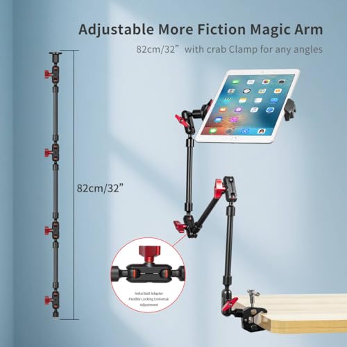 Magic Arm Camera Mount, 32" Aluminum Articulating Arm with Desk Clamp & Standard 1/4" Screw, Heavy Duty Overhead Tablet Stand for Video Recording, Live Streaming, Vlogging - size: 32 Inch Arm + Clamp + iPad Clip