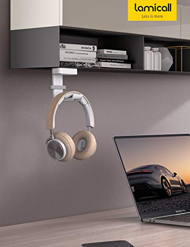 Lamicall Headphone Stand, Sticky Headset Hanger - 360 Degree Rotation Earphone Adhesive Hook Holder Mount, Table Headphone Stand with Cable Organizer, Headset Clamp for HyperX, Sennheiser -White - color: White