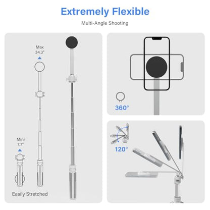 PHOPIK 35" Magnetic Selfie Stick Phone Tripod, Extendable Phone Tripod with Cold Shoe and Remote,Compatible with iPhone/Android/Sport Camera Perfect for Video Recording/Selfies/Insta360 x5（White） - size: SS21-W
