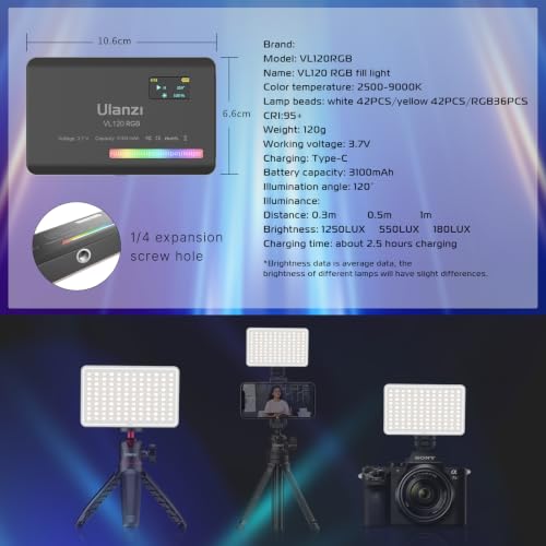 ULANZI VL120 RGB Video Light, Pocket LED On-Camera Video Lights, Built-in 3100mAh Rechargeable Battery, 360 Full Color 20 Light Effects, CRI≥95 2500-9000K LED Panels for Photography Vlogging