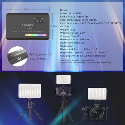 ULANZI VL120 RGB Video Light, Pocket LED On-Camera Video Lights, Built-in 3100mAh Rechargeable Battery, 360 Full Color 20 Light Effects, CRI≥95 2500-9000K LED Panels for Photography Vlogging