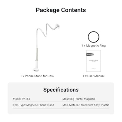 NEEWER Basics Magnetic Phone Stand for Desk, 360° Overhead Table Cellphone Holder Clamp Mount with Flexible Arm, Compatible with MagSafe iPhone Android Samsung for Bed Video Recording, PA151 White - style: PA151 White