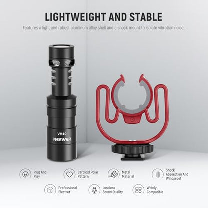 NEEWER Plug & Play Vlog Microphone for Camera, 20-20KHz Mini Supercardioid Mic Compatible with Sony Canon Nikon iPhone Samsung Android Tablet Mac with 3.5mm TRS USB C OTG Shock Mount Windscreen, VM10 - style: VM10
